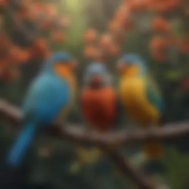 Colorful pet birds perched on a branch