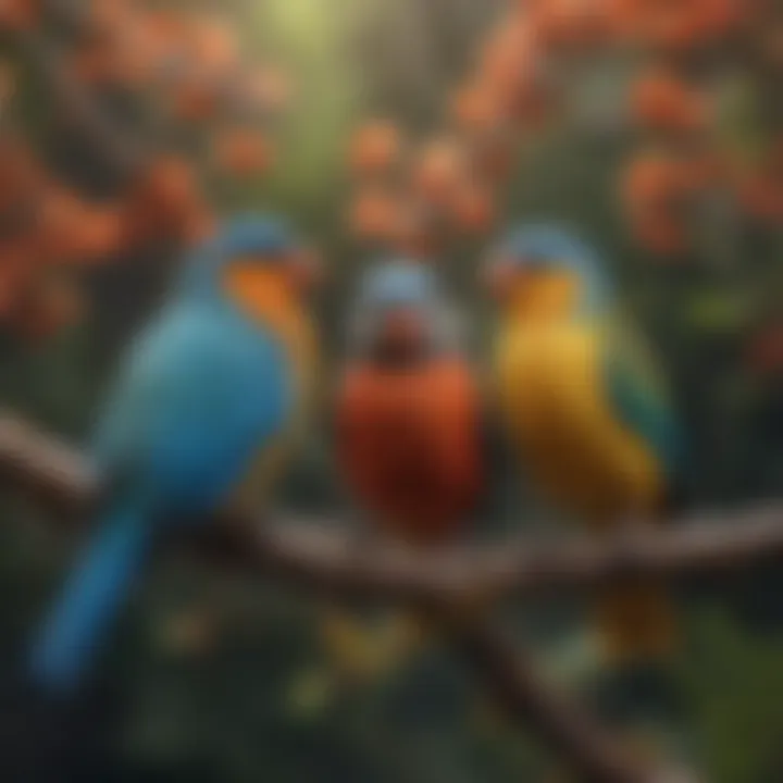 Colorful pet birds perched on a branch