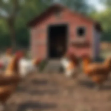 Chickens roaming freely around a portable coop