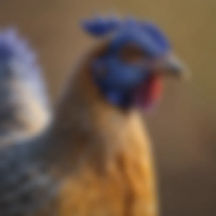 Close-up of Prairie Bluebell Chicken exhibiting its striking physical characteristics.