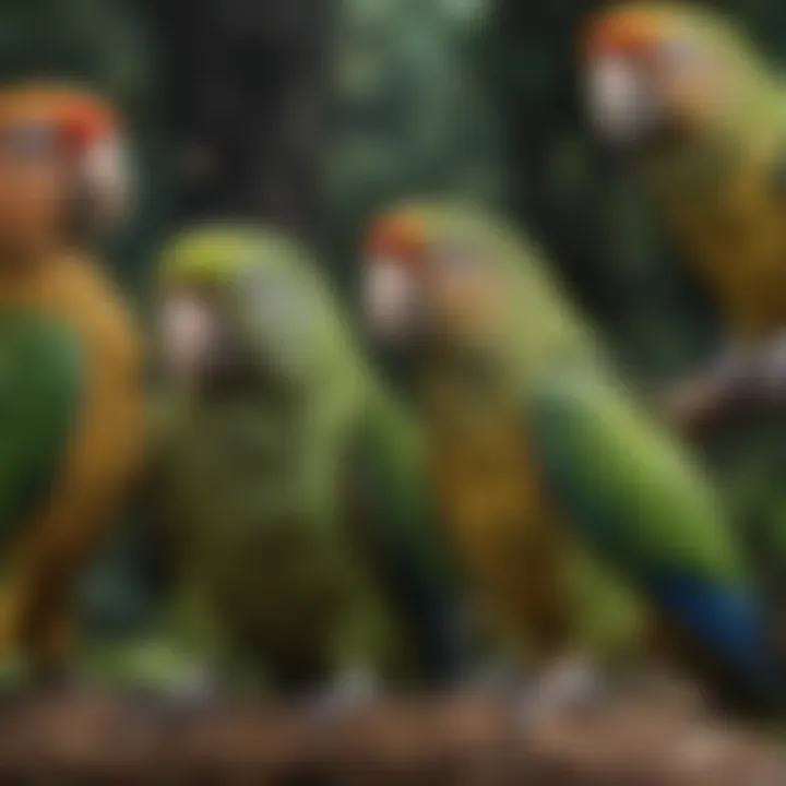 Different breeds of Amazon parrots in a natural habitat