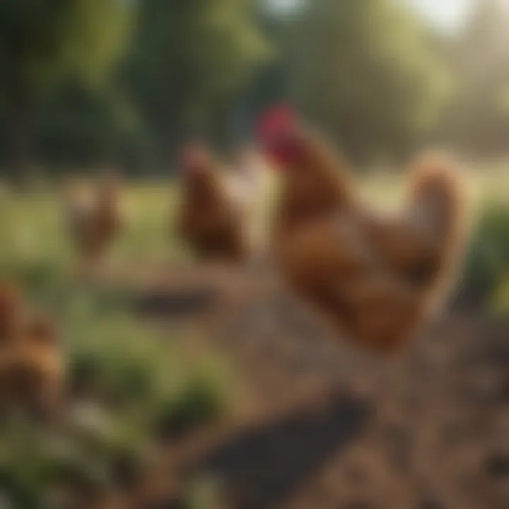 Free-range chickens exploring an open field