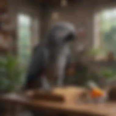 Creating an Ideal Living Space for Parrots A beautifully arranged habitat for an African Grey Parrot, illustrating proper care and environmental enrichment.