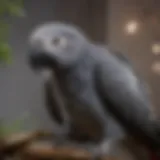 Close-up view of an African Grey Parrot perched on a branch, showcasing its vibrant feathers and expressive eyes.