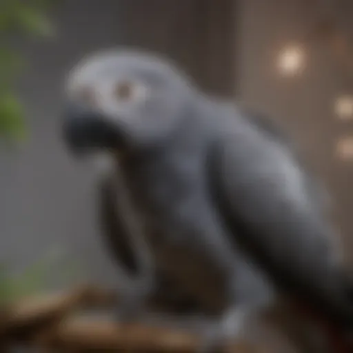 Close-up view of an African Grey Parrot perched on a branch, showcasing its vibrant feathers and expressive eyes.
