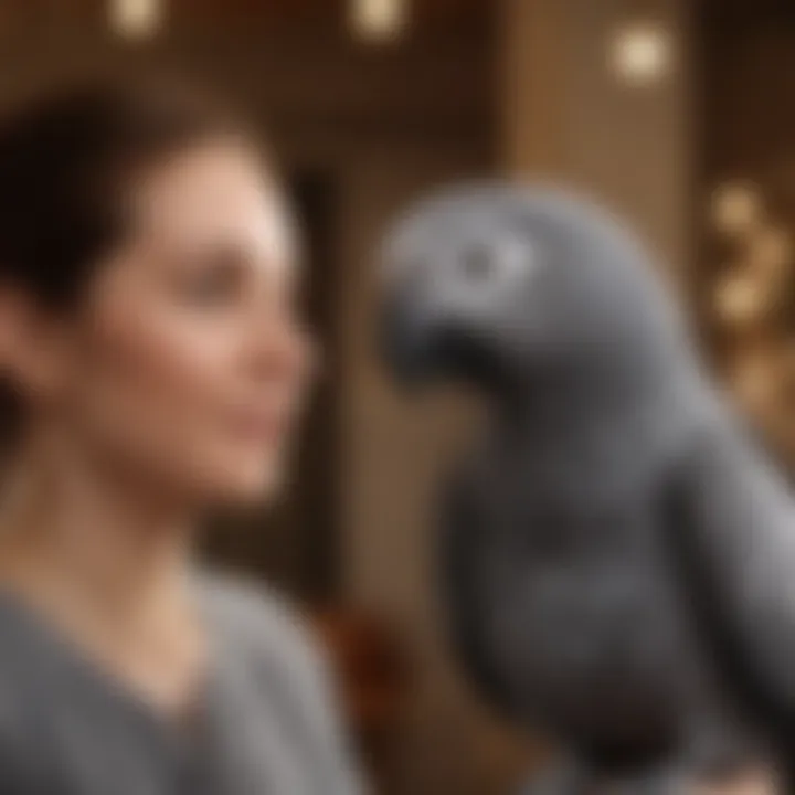 An African Grey Parrot engaging with its owner, highlighting the bond through interactive play.