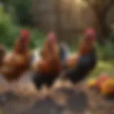 A colorful assortment of bantam hens in a backyard setting.