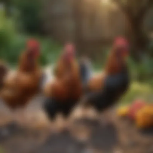 A colorful assortment of bantam hens in a backyard setting.