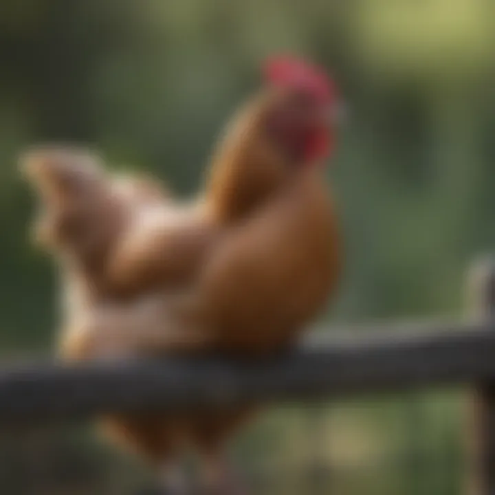 A serene bantam hen perched on a wooden fence.