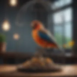 A colorful bird perched near a seed guard in its cage