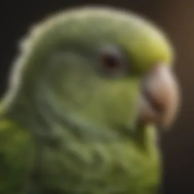 Close-up of a green parakeet with intricate feather details, highlighting its beauty