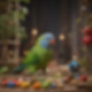 Enriched Parakeet Habitat A spacious and enriched parakeet habitat filled with toys and perches for stimulation