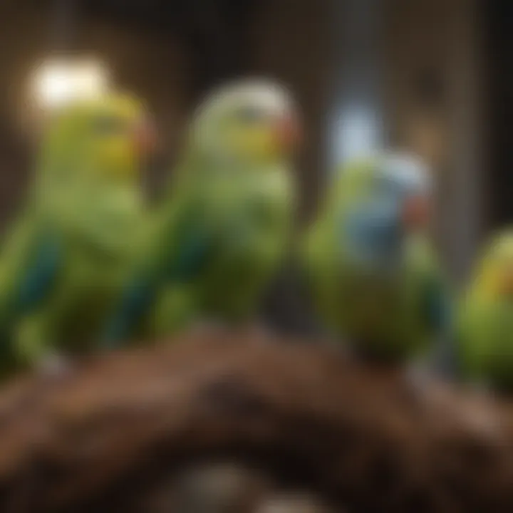 A group of parakeets in varied colors, demonstrating their social nature and interaction