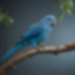 A vibrant blue parakeet perched on a branch, showcasing its distinct feather patterns