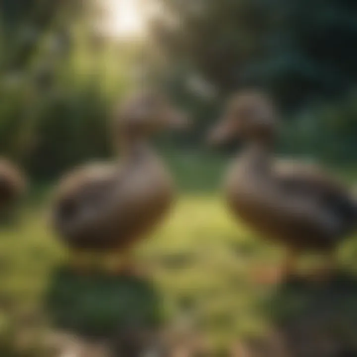 Ducks interacting socially in a grassy area