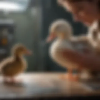 Pet duck receiving health check from a veterinarian