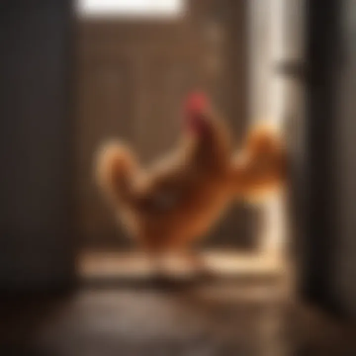 A chicken comfortably exiting through a pop door