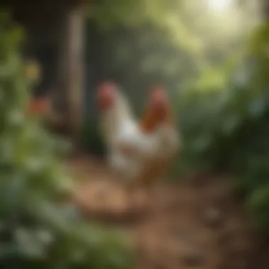 Organic chicken on a farm with lush greenery