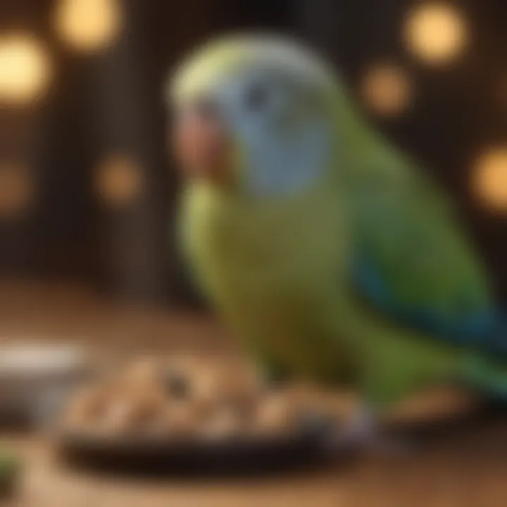 Image of a parakeet with its accessories and food