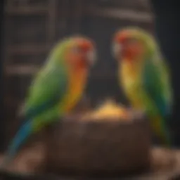 Colorful parakeets perched in a cozy cage