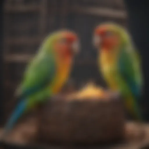 Colorful parakeets perched in a cozy cage