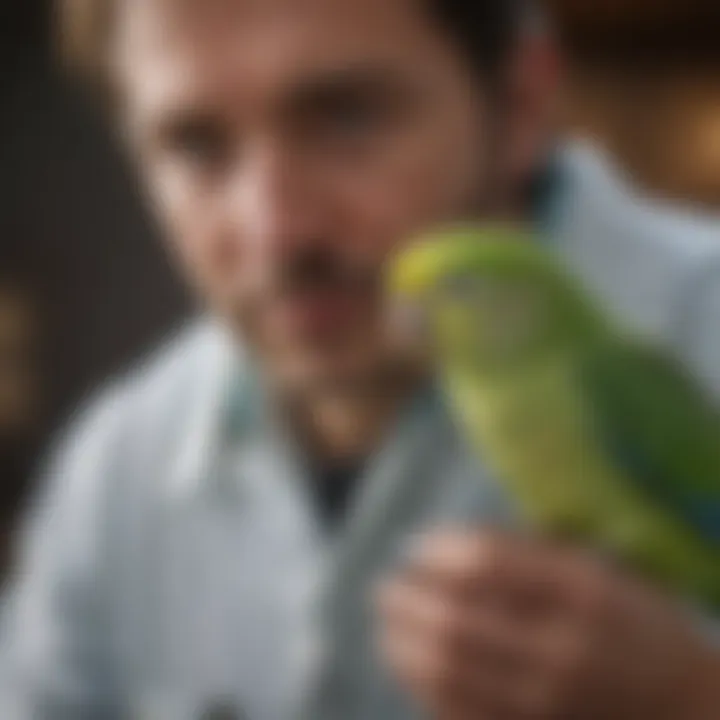 Veterinarian examining a parakeet