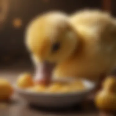 Close-up of a duckling enjoying a nutritious meal