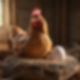 A close-up of a chicken laying an egg in a nesting box.
