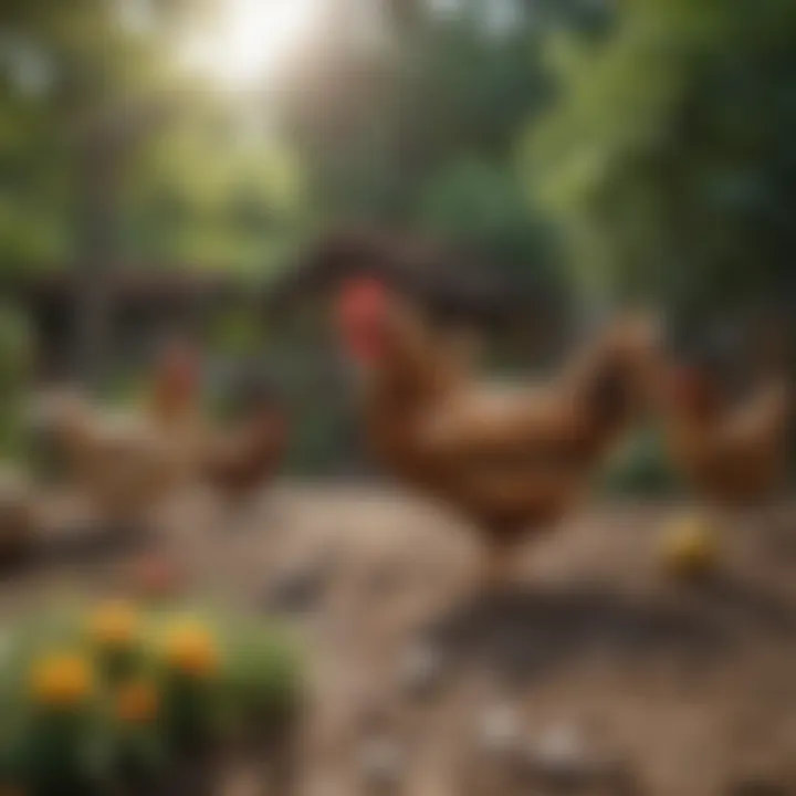 A serene backyard setting with chickens roaming freely, illustrating their natural habitat