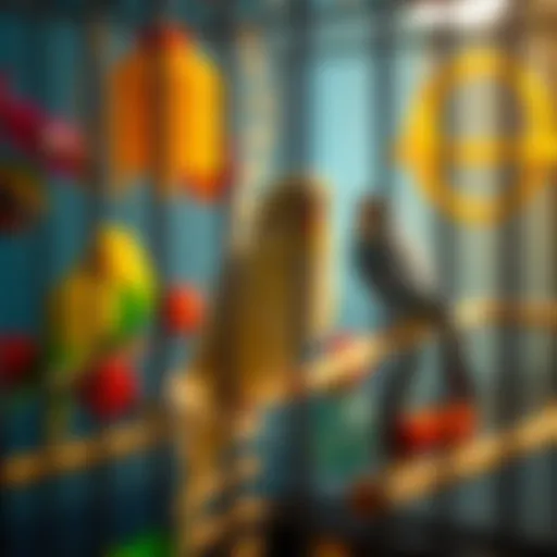 A Well-Equipped Budgie Habitat Spacious budgie cage with vibrant toys and perches