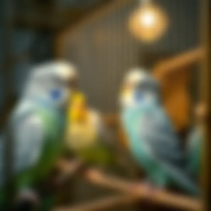 Budgies Engaging in Social Play Budgies enjoying playtime in a large cage