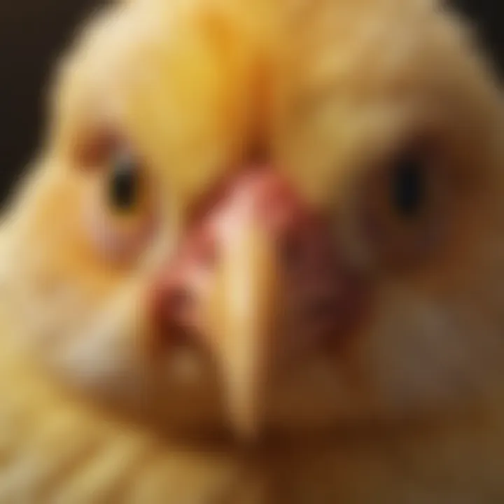 A close-up of Love Bird Chicken's expressive eyes