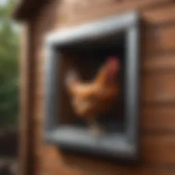 A sleek metal chicken door installed in a coop