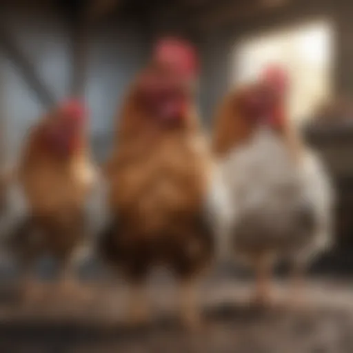 Chickens during molting showing feather loss
