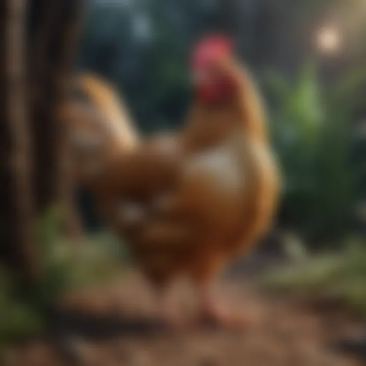 A chicken in a natural environment with sparse feathers