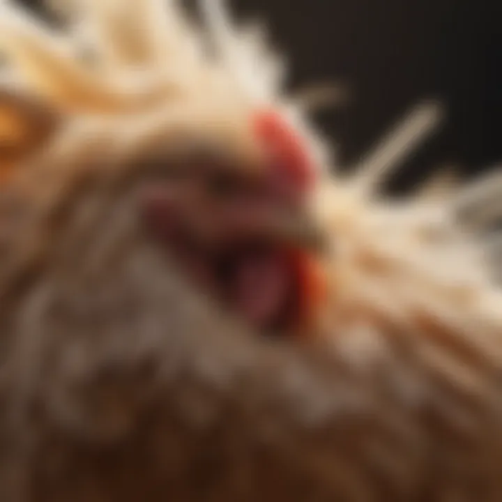 A close-up view of a chicken shedding feathers during molting