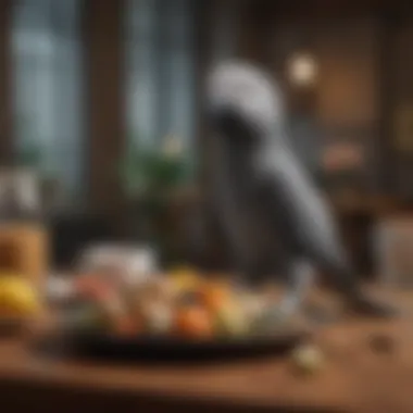 A balanced meal plate showcasing various food items for African Grey parrots