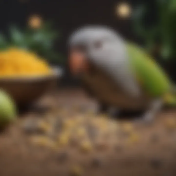 A close-up of a Senegal parrot enjoying a varied diet with seeds and pellets