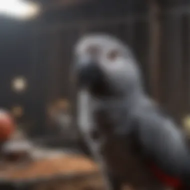 African Grey parrot exploring cage space