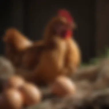Curiosity and Instinct: Chickens and Their Eggs A close-up of a chicken inspecting an egg in the nest