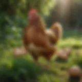 A healthy hen in a lush green environment, showcasing optimal living conditions for egg production.