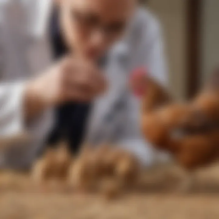 A veterinarian examining a hen, symbolizing health checks and potential health issues affecting egg-laying.