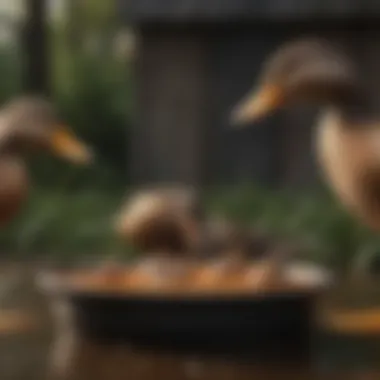 Close-up of ducks enjoying food from a well-designed feeder