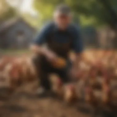 A farmer tending to a flock of Wyandotte chickens