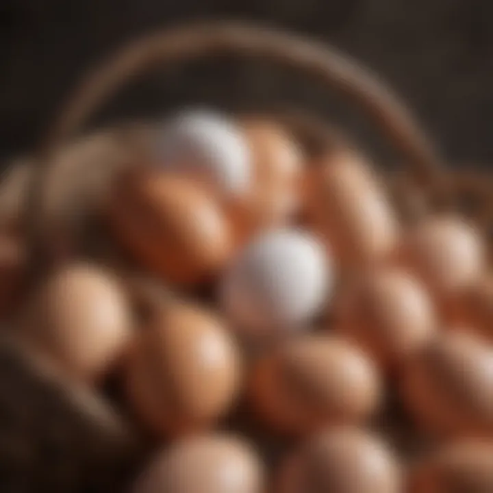 Close-up of different colored eggs in a basket