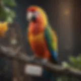 A vibrant parrot perched on a branch with a whimsical name tag.