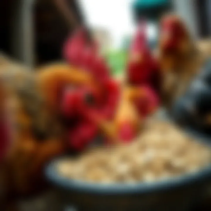 Close-up of healthy chickens pecking at feed