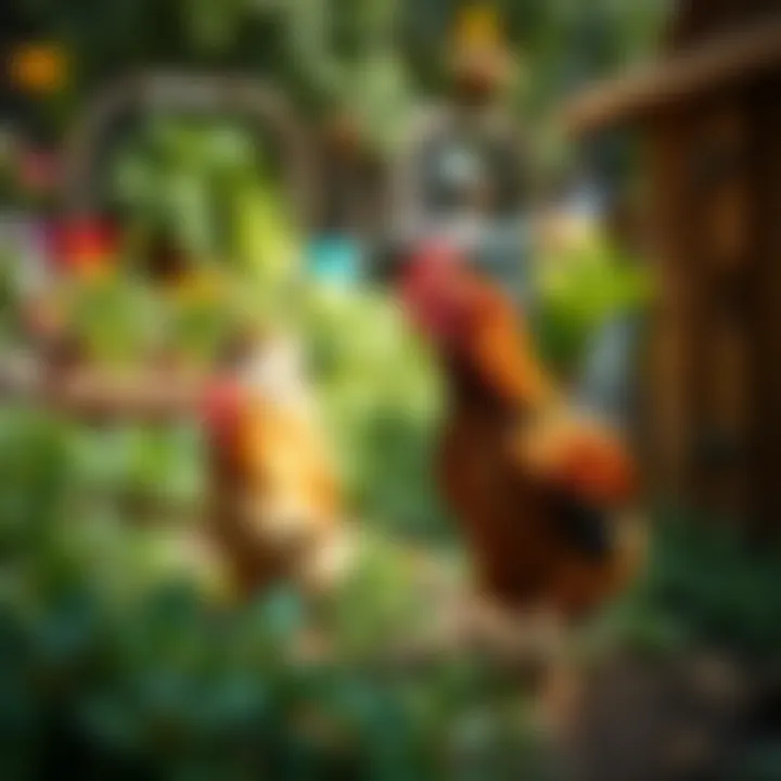 A vibrant garden with chickens roaming freely