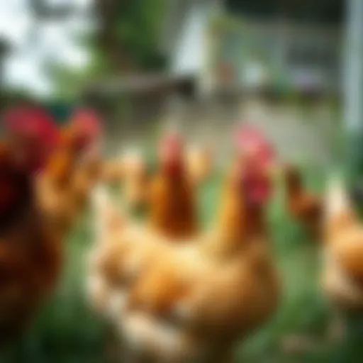 Urban Chickens in a Backyard Chickens roaming freely in a green urban backyard