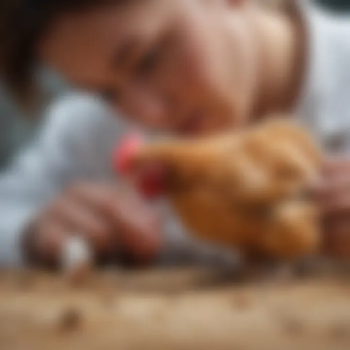 A veterinarian examining a chicken for feather loss.